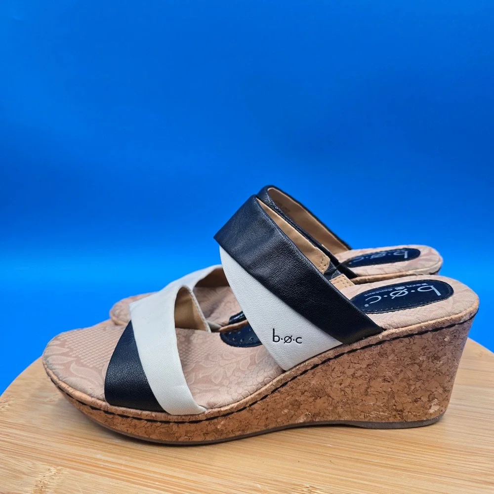 B.O.C. Born Concept Leather Wedge Sandals Black Cream‎ Cork Size 9 C57011